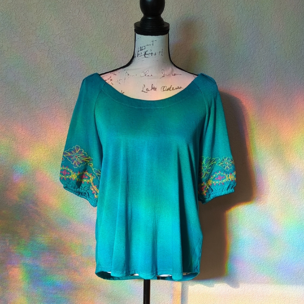 Vibrant Teal Women's Blouse with Embroidered Sleeves